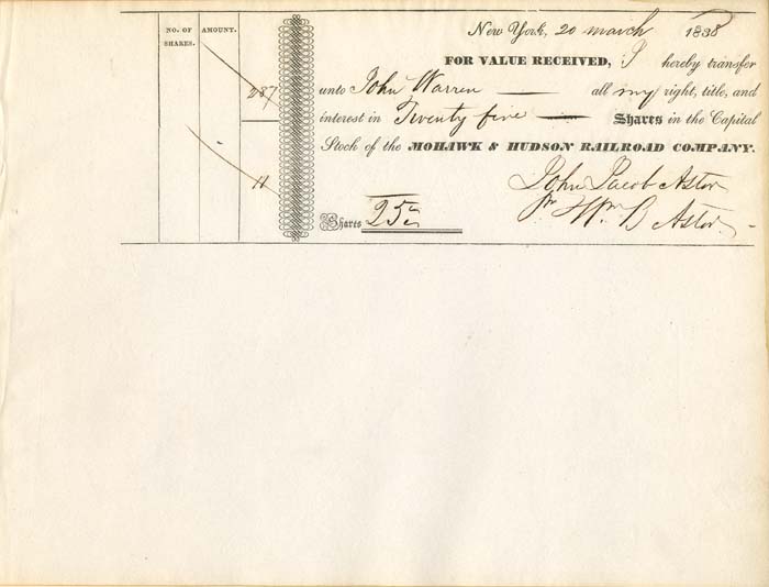 Mohawk and Hudson Railroad Co. signed by Wm. B. Astor for J.J. Astor 